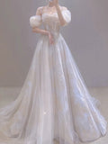 Vintage A line Straps White Tulle Long Wedding Dresses With Beads HZ1024