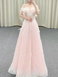 Gorgeous A Line Off The Shoulder Sequin Pink Long Evening Dress Prom Dresses Birthday Outfits HZ1024