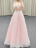 Gorgeous A Line Off The Shoulder Sequin Pink Long Evening Dress Prom Dresses Birthday Outfits HZ1024