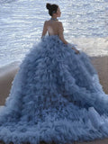 Pretty Ball Gown High Neckline Tulle Layers Long Blue Ruffles Prom Dresses Sweet 16 Dresses HZ1024