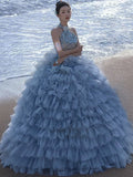 Pretty Ball Gown High Neckline Tulle Layers Long Blue Ruffles Prom Dresses Sweet 16 Dresses HZ1024