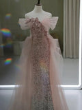 Gorgeous Sheath Off The Shoulder Pink Sequin Long Evening Dress Prom Dresses Birthday Outfits HZ1024