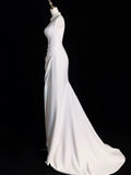 Chic Sheath Square Neckline Sleeveless White Satin Slit Wedding Dresses With Ruffles HZ1024