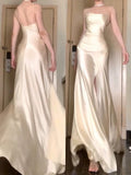 Vintage Mermaid Spaghetti Straps Champagne Satin Long Floor Length Prom Dresses HZ1024