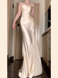 Vintage Mermaid Spaghetti Straps Champagne Satin Long Floor Length Prom Dresses HZ1024