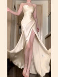 Vintage Mermaid Spaghetti Straps Champagne Satin Long Floor Length Prom Dresses HZ1024