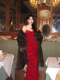 Vintage Mermaid Spaghetti Straps Red Sequin Birthday Dress Prom Dresses HZ1024