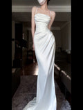 Vintage Mermaid Spaghetti Straps White Satin Long Birthday Dress Prom Dresses HZ1024