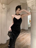 Gorgeous Sheath Spaghetti Straps Black Sequin Evening Dress Prom Dresses Birthday Outfits HZ1024