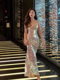 Vintage Mermaid Straps Sequin Backless Long Birthday Dress Prom Dresses HZ1024