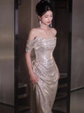Sexy Sheath Off The Shoulder Sequin Long Evening Dress Prom Dresses Birthday Outfits HZ1024