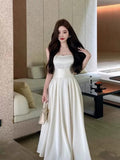 Vintage A Line Square Neckline White Satin Evening Dress Prom Dresses HZ1024