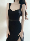 Elegant Sheath Straps Black Split Satin Prom Dress Birthday Outfits HZ1024