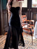 Vintage Mermaid Spaghetti Straps Black Lace Sleeveless Prom Dresses Birthday Party Dress HZ1024