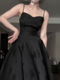 Vintage A Line Spaghetti Straps Satin Black Sleeveless Prom Dresses Birthday Party Dress HZ1024