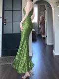 Vintage Sheath Spaghetti Straps Green Sequin Long Evening Dress Prom Dresses HZ1024