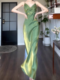 Vintage Sheath Spaghetti Straps Green Chiffon Long Evening Dress Prom Dresses HZ1024