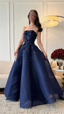Vintage Ball Gown Strapless Navy Blue Satin Lace Long Evening Dress Prom Dresses HZ1024
