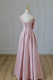 Pretty A line One Shoulder Pink Satin Evening Dress Prom Dresses With Bow HZ1024
