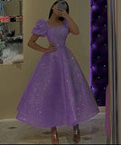 Vintage Ball Gown Square Neckline Lilac Sequin Evening Dress Prom Dresses HZ1024