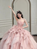 Vintage Ball Gown Strapless Pink Long Prom Dresses Tulle Layers Evening Dress HZ1024
