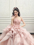 Vintage Ball Gown Strapless Pink Long Prom Dresses Tulle Layers Evening Dress HZ1024