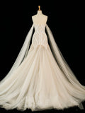 Vintage Mermaid Off The Shoulder Tulle Champagne Wedding Dresses With Pearls HZ1024