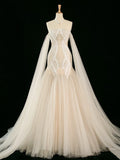Vintage Mermaid Off The Shoulder Tulle Champagne Wedding Dresses With Pearls HZ1024