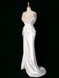 Vintage Mermaid Jewel Neckline White Satin Slit Wedding Dresses With Pearls HZ1024