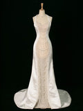 Luxury Mermaid Halter Sleeveless White Satin Wedding Dresses With Pearls HZ1024