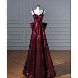 Pretty A line Spaghetti Straps Burgundy Sequin Long Prom Dresses Party Evening Dress HZ1024