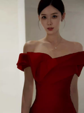 Sexy Mermaid Off The Shoulder Satin Long Burgundy Prom Dress HZ1024