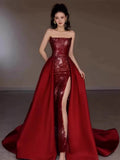 Sexy Mermaid Red Sleeveless Long Sequin Slit Prom Dress Evening Dresses HZ1024