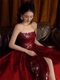 Sexy Mermaid Red Sleeveless Long Sequin Slit Prom Dress Evening Dresses HZ1024