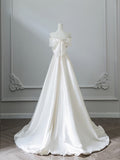 Simple A Line Off The Shoulder White Satin Bridal Dress Wedding dress With Ruffles HZ1024
