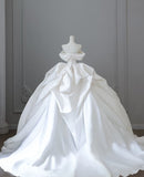 Chic Ball Gown Off The Shoulder White Short Sleeves Floral Satin Wedding Dresses With Ruffles HZ1024