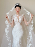 Dreamy White Mermaid Tulle Lace Applique With Veil Long Wedding Dresses HZ1024