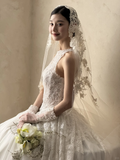 Vintage Ball Gown Halter White Tulle Lace With Veil Gloves Long Wedding Dresses HZ1024