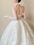 Dreamy Ball Gown Strapless White Lace With Gloves Long Wedding Dresses HZ1024