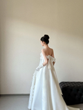 Elegant Strapless White Satin Applique With Gloves Long Wedding Dresses HZ1024