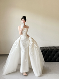Unique Mermaid Strapless White Satin Tulle Applique With Gloves Long Wedding Dresses HZ1024