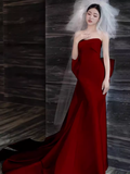 Sexy Mermaid Strapless Satin Long Burgundy Prom Dress HZ1024