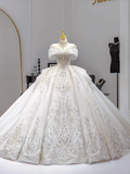 Romantic Ball Gown Off The Shoulder Tulle Lace Beaded Long Wedding Dresses HZ1024