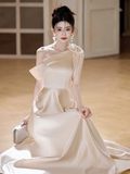 Champagne A Line Elegant One Shoulder Satin Long Bridesmaid Dress HZ1024