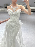 Dreamy Mermaid Strapless Tulle Sequin Applique Long Wedding Dresses HZ1024