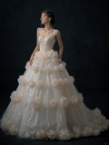 Princess Ball Gown Spaghetti Straps Champagne Tulle Sequin Long Wedding Dresses HZ1024