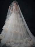 Princess Ball Gown Spaghetti Straps Champagne Tulle Sequin Long Wedding Dresses HZ1024