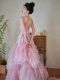 Pretty Summer Ball Gown Spaghetti Straps Pink Tulle Sequin Long Prom Dresses HZ1024