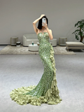 Green Elegant Mermaid Halter Satin Sequin Slit Long Prom Dresses HZ1024