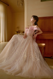 Pretty A Line Off The Shoulder Pink Satin Tulle Sequin Long Prom Dresses HZ1024